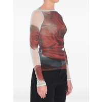 MESH BOAT NECK TOP WITH LONG SLEEVES PRINTED "BLURRY ROSES" WHITE/GREY/RED