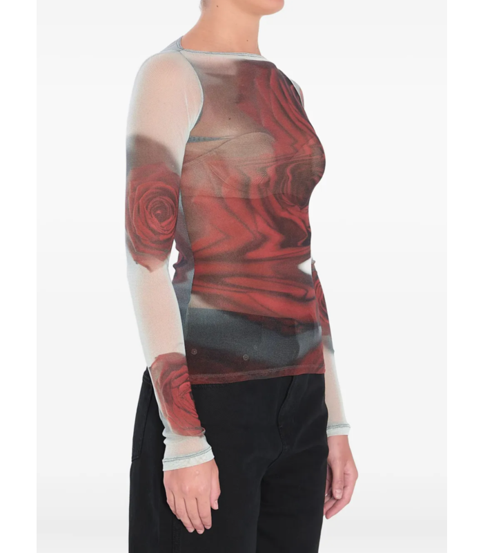 MESH BOAT NECK TOP WITH LONG SLEEVES PRINTED "BLURRY ROSES" WHITE/GREY/RED