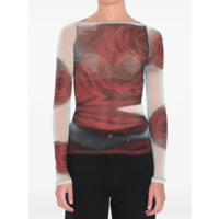 MESH BOAT NECK TOP WITH LONG SLEEVES PRINTED "BLURRY ROSES" WHITE/GREY/RED