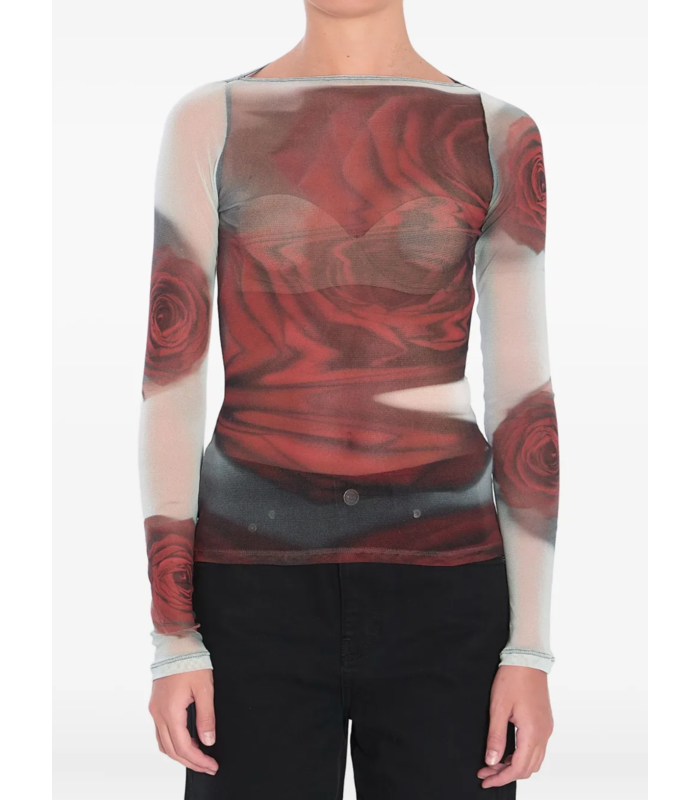 MESH BOAT NECK TOP WITH LONG SLEEVES PRINTED "BLURRY ROSES" WHITE/GREY/RED