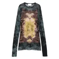 MESH LONG SLEEVES TOP PRINTED "MÉDAILLON" BLACK/VINTAGEBLUE/GREEN