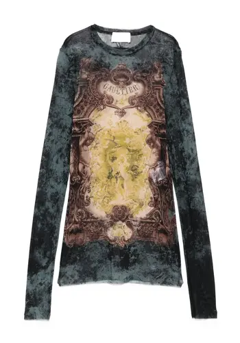 JEAN-PAUL GAULTIER mesh long sleeves top printed "medaillon" black/vintageblue/green