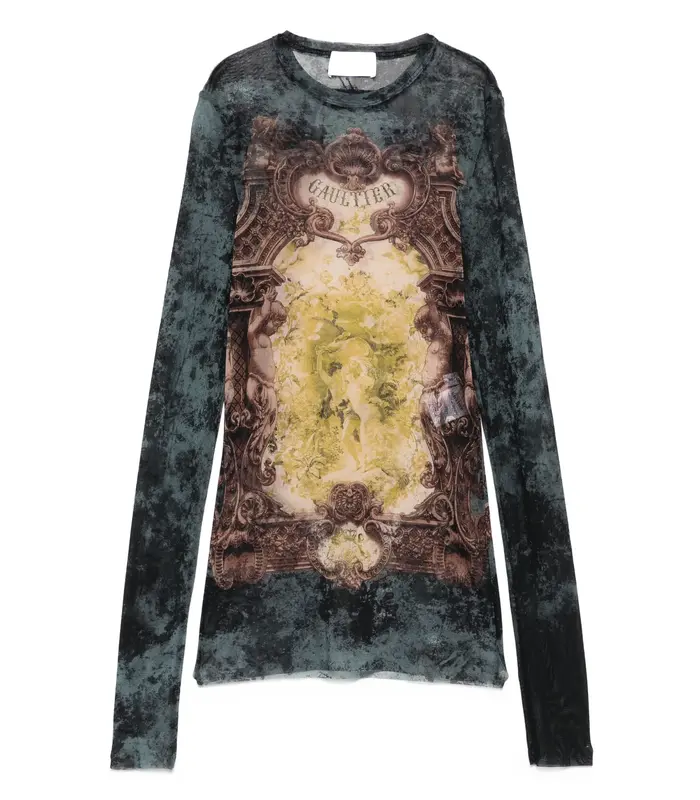 MESH LONG SLEEVES TOP PRINTED "MÉDAILLON" BLACK/VINTAGEBLUE/GREEN