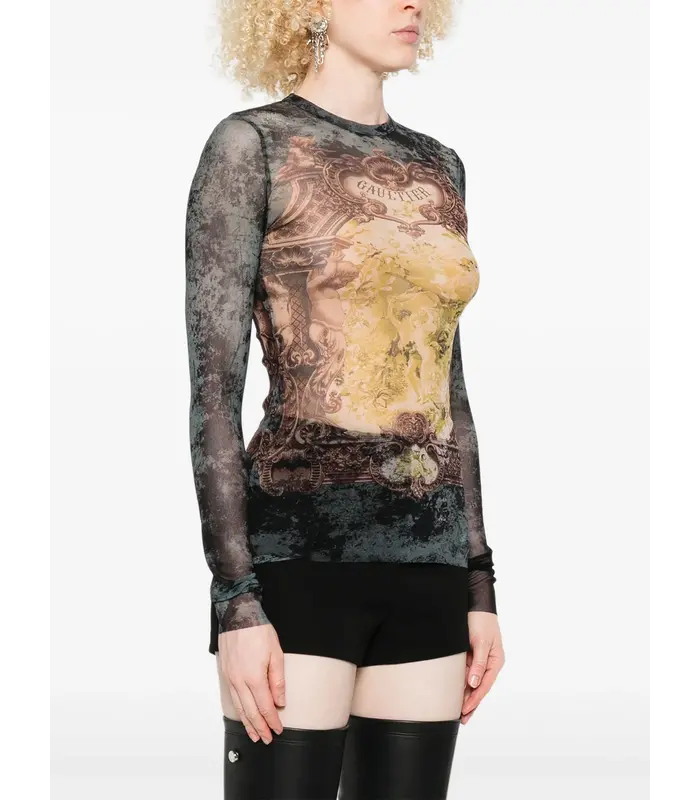 MESH LONG SLEEVES TOP PRINTED "MÉDAILLON" BLACK/VINTAGEBLUE/GREEN