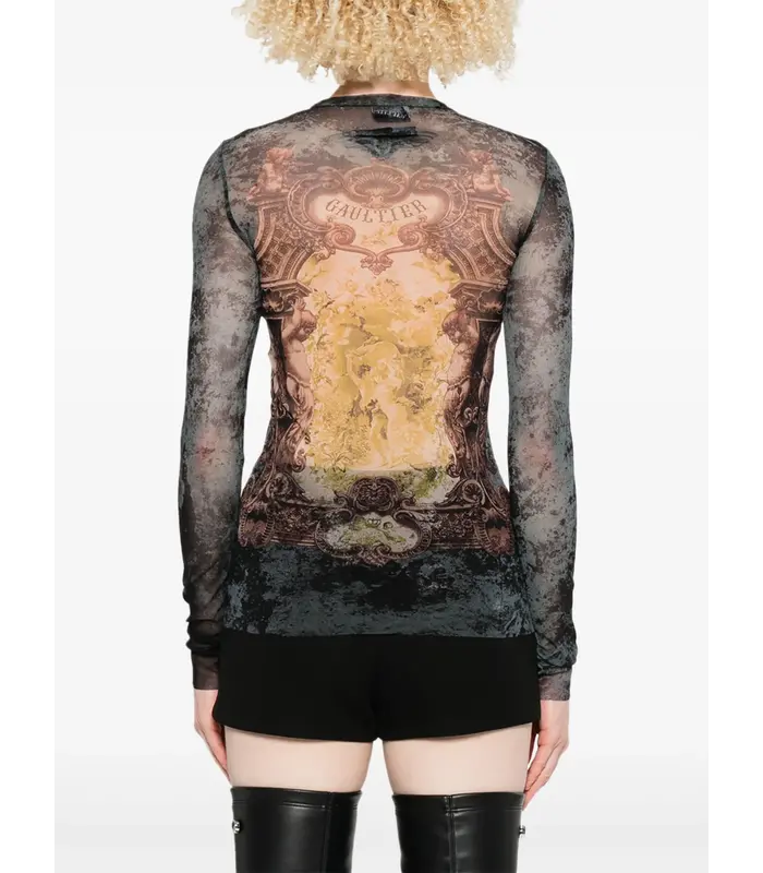 MESH LONG SLEEVES TOP PRINTED "MÉDAILLON" BLACK/VINTAGEBLUE/GREEN