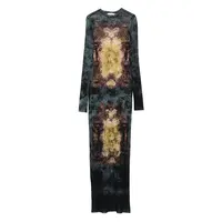 MESH LONG DRESS PRINTED "MÉDAILLON" BLACK/VINTAGEBLUE/GREEN