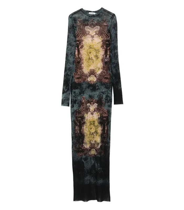 MESH LONG DRESS PRINTED "MÉDAILLON" BLACK/VINTAGEBLUE/GREEN