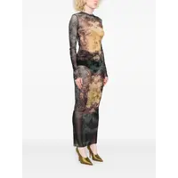 MESH LONG DRESS PRINTED "MÉDAILLON" BLACK/VINTAGEBLUE/GREEN
