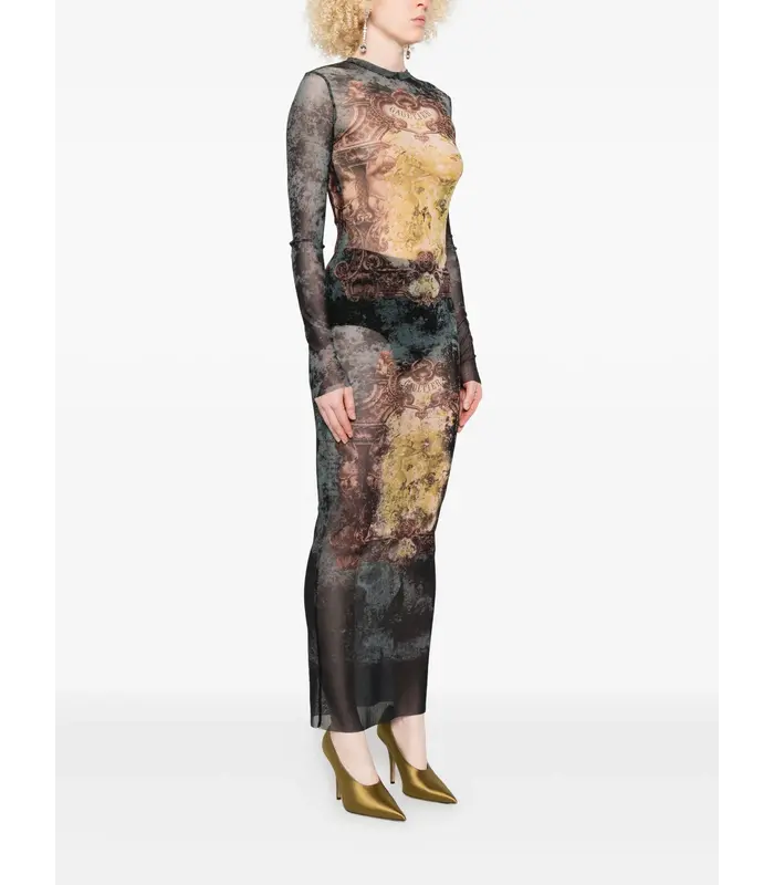 MESH LONG DRESS PRINTED "MÉDAILLON" BLACK/VINTAGEBLUE/GREEN