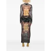 MESH LONG DRESS PRINTED "MÉDAILLON" BLACK/VINTAGEBLUE/GREEN