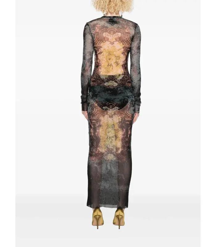 MESH LONG DRESS PRINTED "MÉDAILLON" BLACK/VINTAGEBLUE/GREEN