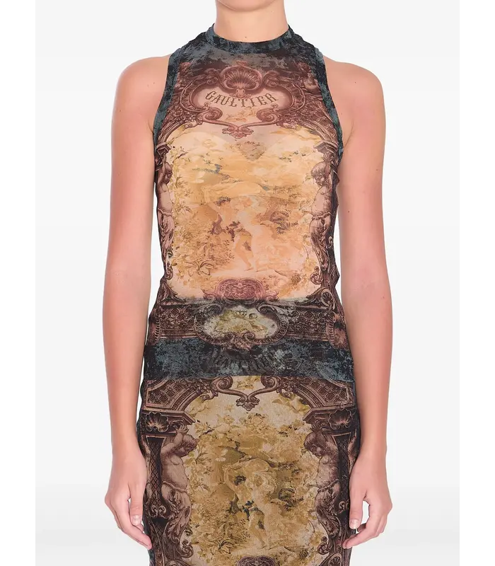 MESH TANK TOP PRINTED "MÉDAILLON" BLACK/VINTAGEBLUE/GREEN
