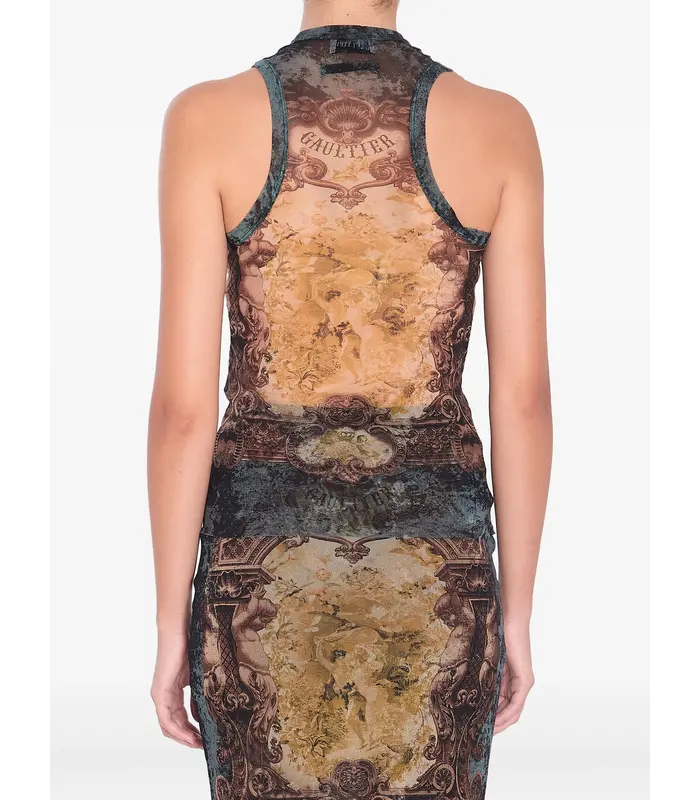 MESH TANK TOP PRINTED "MÉDAILLON" BLACK/VINTAGEBLUE/GREEN
