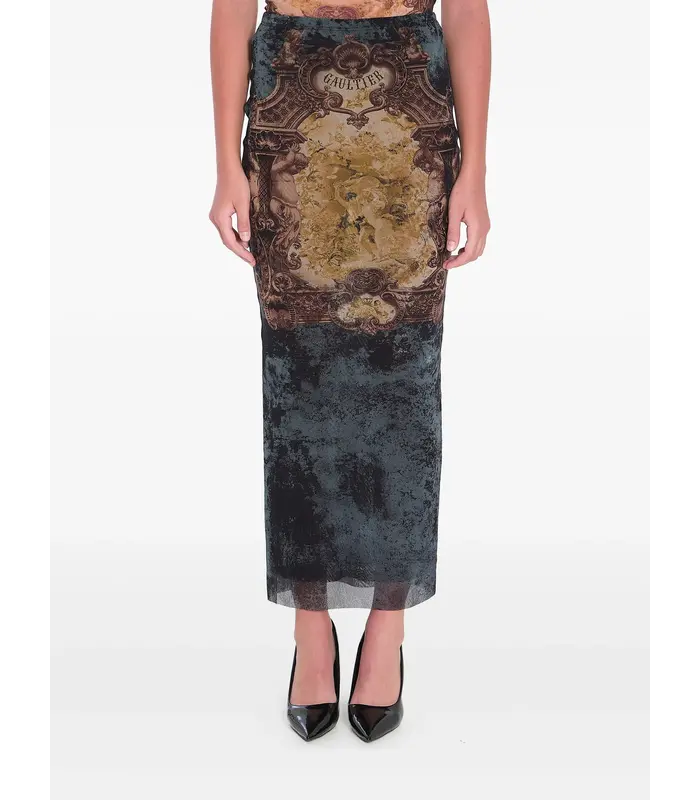 MESH LONG SKIRT PRINTED "MÉDAILLON" BLACK/VINTAGEBLUE/GREEN
