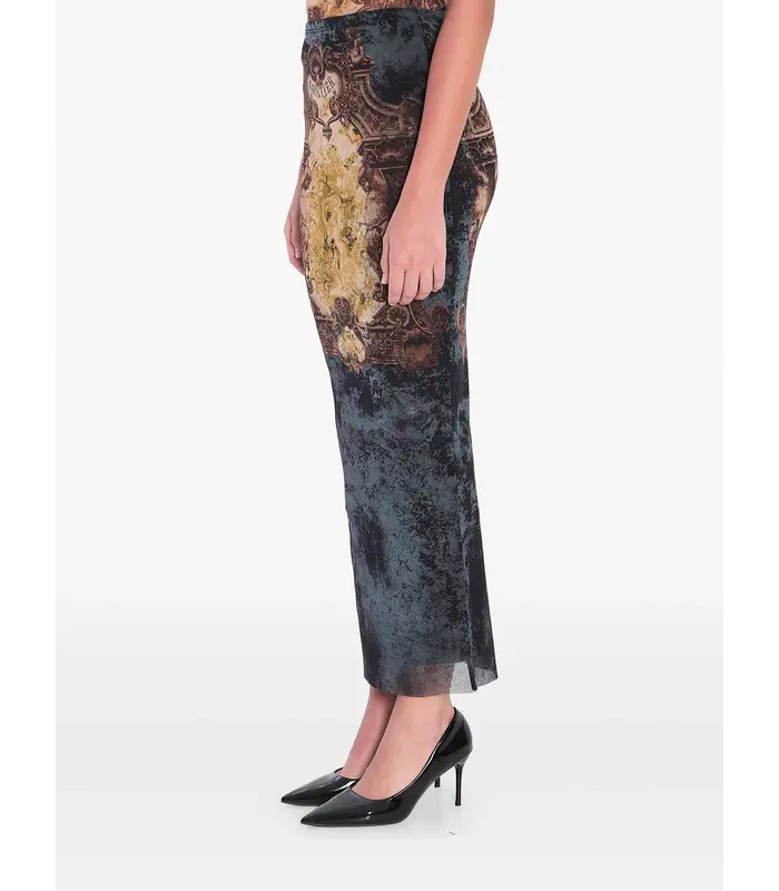 MESH LONG SKIRT PRINTED "MÉDAILLON" BLACK/VINTAGEBLUE/GREEN