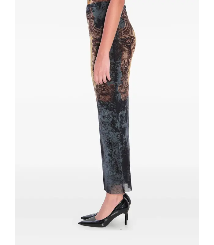 MESH LONG SKIRT PRINTED "MÉDAILLON" BLACK/VINTAGEBLUE/GREEN