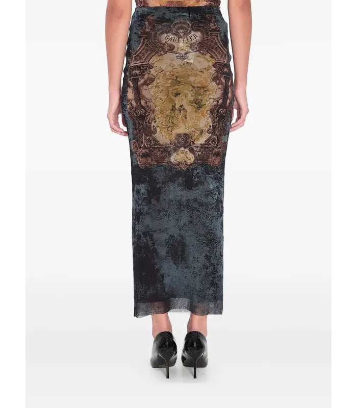 MESH LONG SKIRT PRINTED "MÉDAILLON" BLACK/VINTAGEBLUE/GREEN