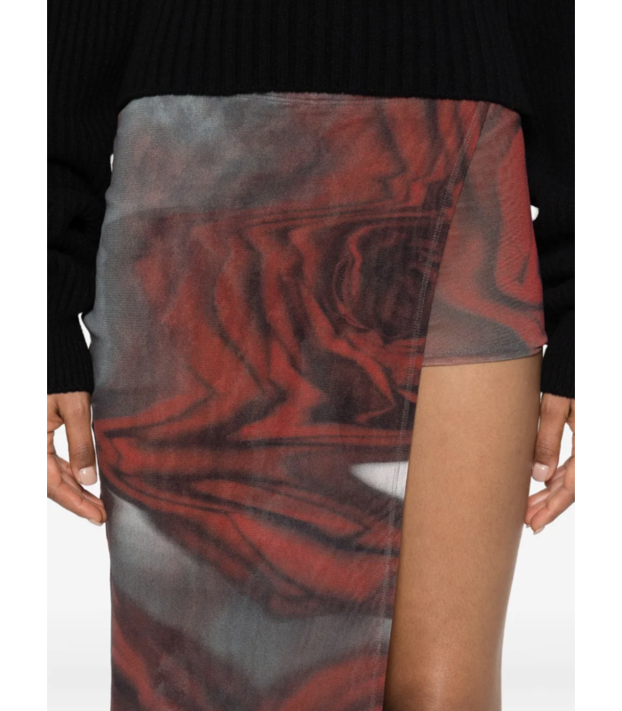 MESH MINI SHORT WITH ASYMETRIC SKIRT PRINTED "BLURRY ROSES" WHITE/GREY/RED