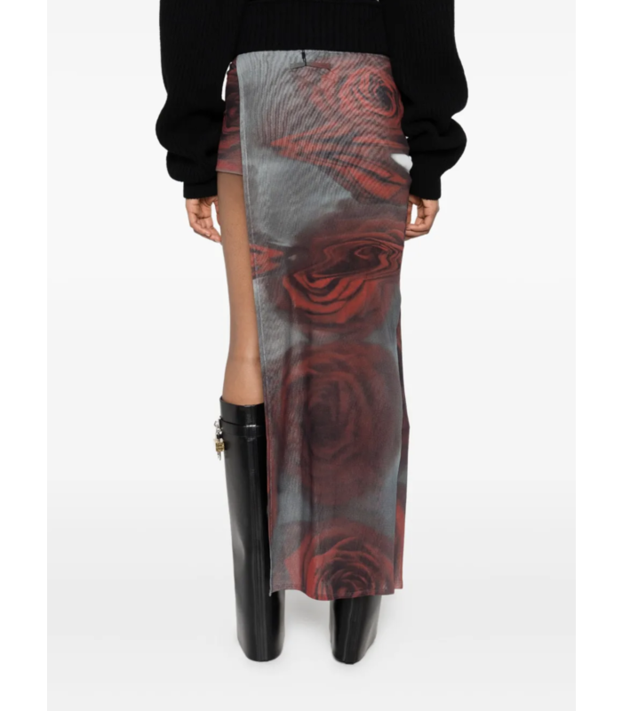 MESH MINI SHORT WITH ASYMETRIC SKIRT PRINTED "BLURRY ROSES" WHITE/GREY/RED