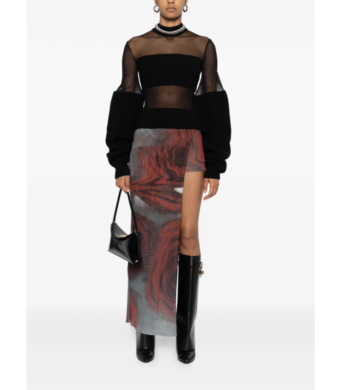 MESH MINI SHORT WITH ASYMETRIC SKIRT PRINTED "BLURRY ROSES" WHITE/GREY/RED