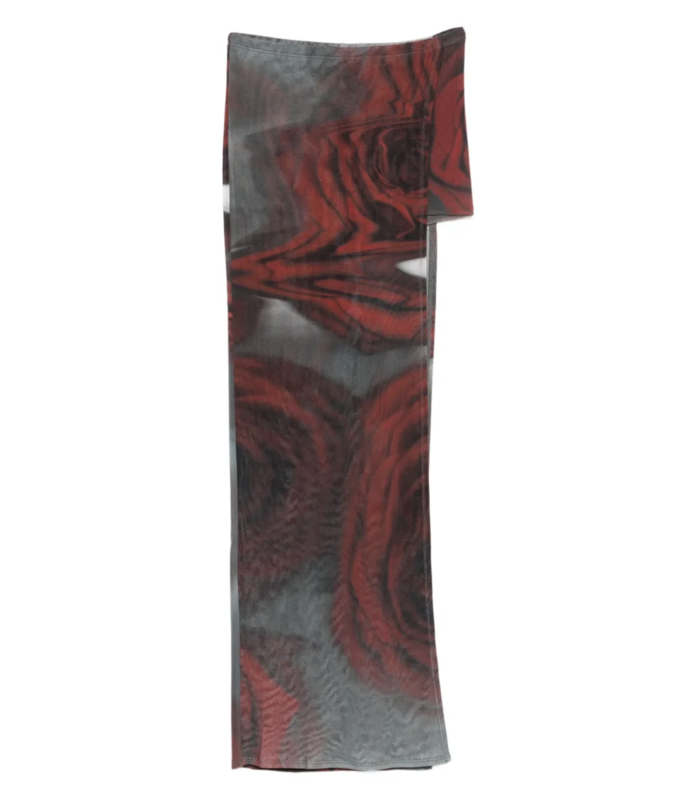 MESH MINI SHORT WITH ASYMETRIC SKIRT PRINTED "BLURRY ROSES" WHITE/GREY/RED