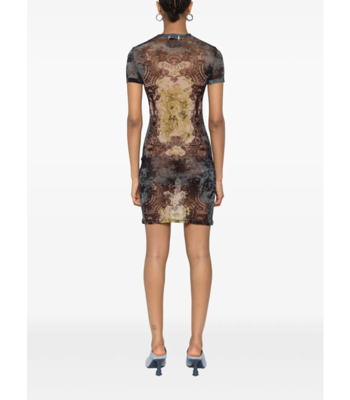 MESH SHORT DRESS PRINTED "MÉDAILLON" BLACK/VINTAGEBLUE/GREEN