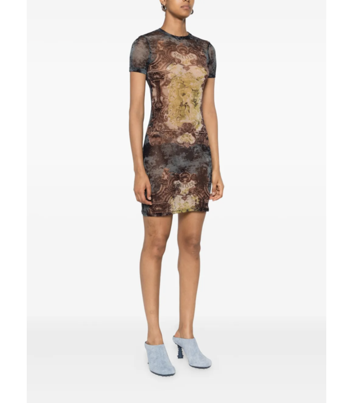 MESH SHORT DRESS PRINTED "MÉDAILLON" BLACK/VINTAGEBLUE/GREEN