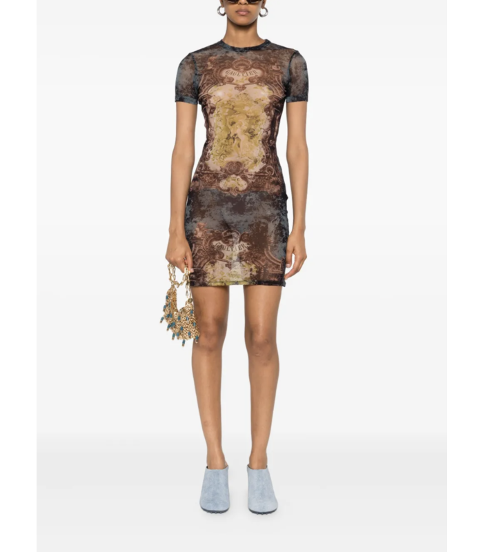 MESH SHORT DRESS PRINTED "MÉDAILLON" BLACK/VINTAGEBLUE/GREEN