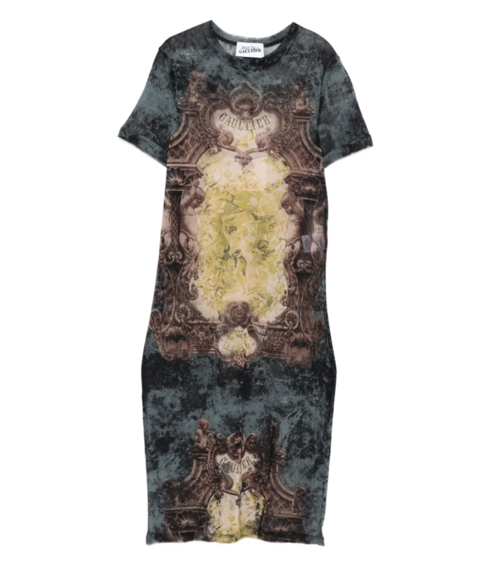 MESH SHORT DRESS PRINTED "MÉDAILLON" BLACK/VINTAGEBLUE/GREEN