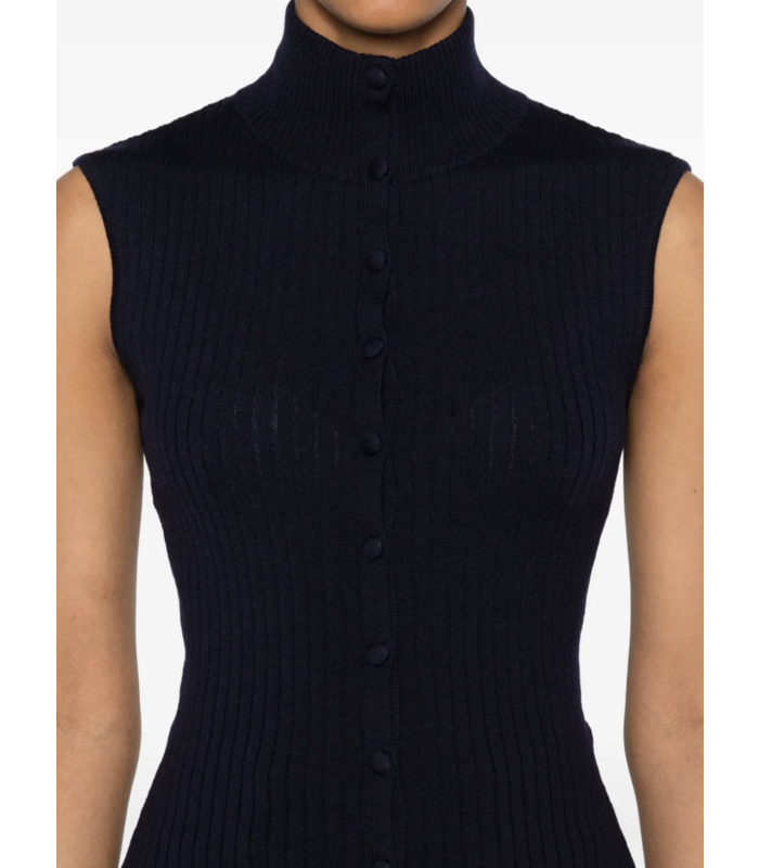 MERINO WOOL FLAT RIB SLEEVELESS GILET WITH LINGERIE GARTER NAVY