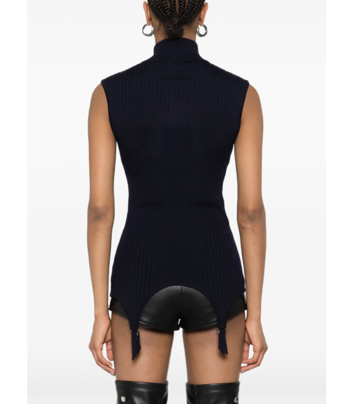 MERINO WOOL FLAT RIB SLEEVELESS GILET WITH LINGERIE GARTER NAVY