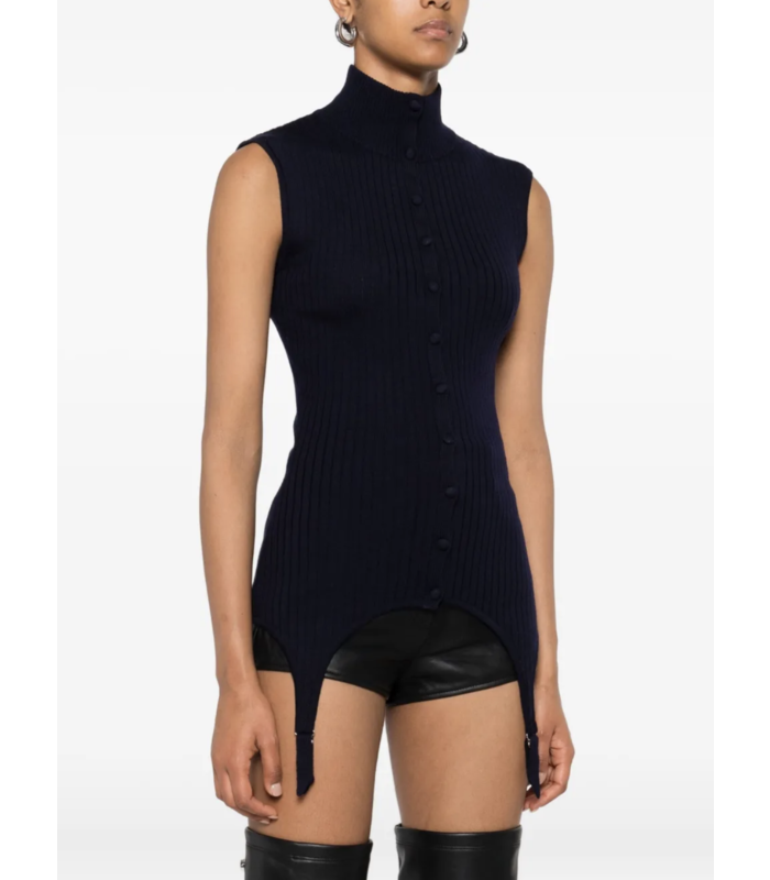 MERINO WOOL FLAT RIB SLEEVELESS GILET WITH LINGERIE GARTER NAVY