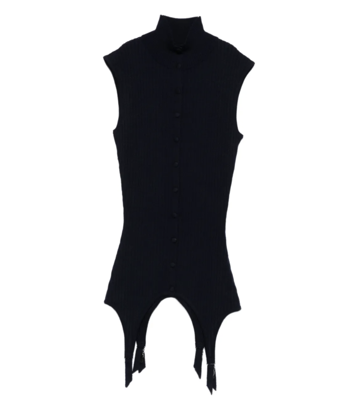 MERINO WOOL FLAT RIB SLEEVELESS GILET WITH LINGERIE GARTER NAVY