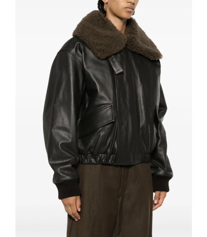 LEATHER BLOUSON WITH SHEARLING COLLAR DARK ESPRESSO