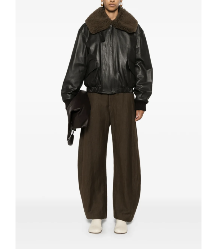 LEATHER BLOUSON WITH SHEARLING COLLAR DARK ESPRESSO