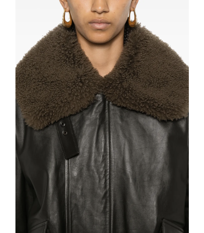LEATHER BLOUSON WITH SHEARLING COLLAR DARK ESPRESSO