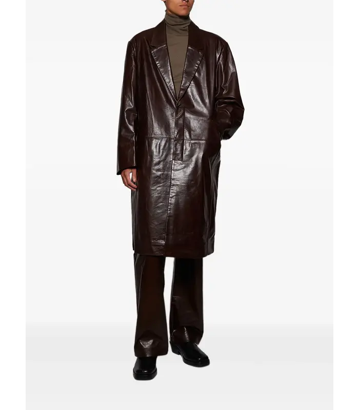 SINGLE BREASTED LEATHER COAT DARK BROWN