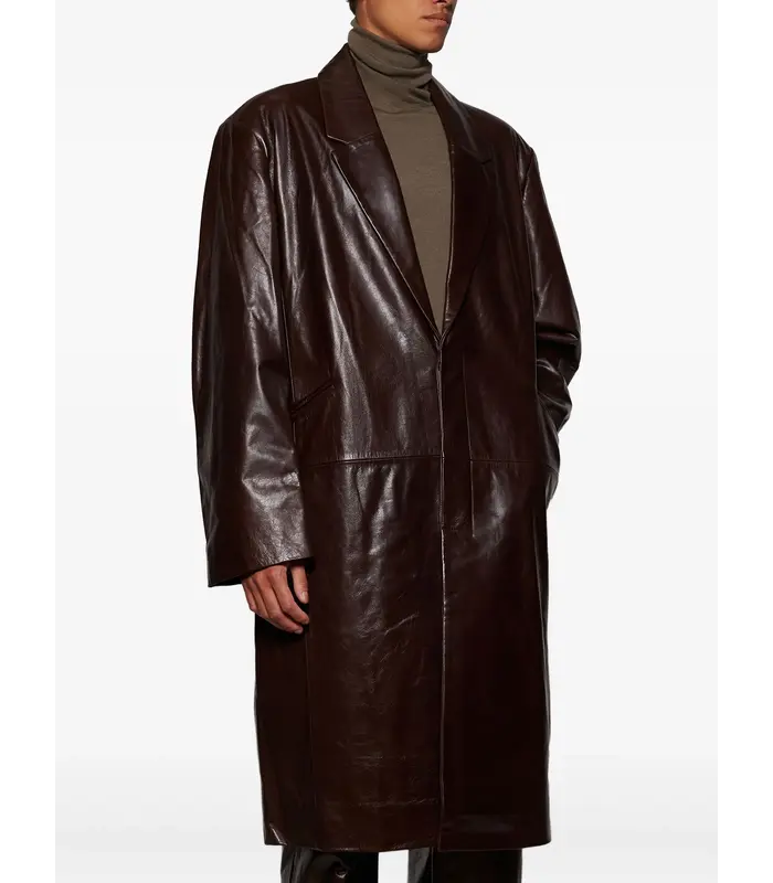 SINGLE BREASTED LEATHER COAT DARK BROWN