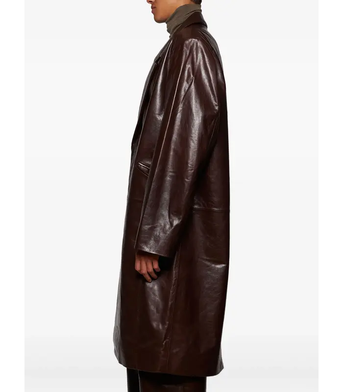 SINGLE BREASTED LEATHER COAT DARK BROWN