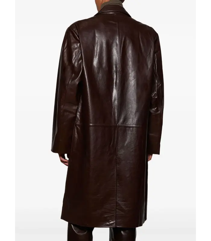 SINGLE BREASTED LEATHER COAT DARK BROWN