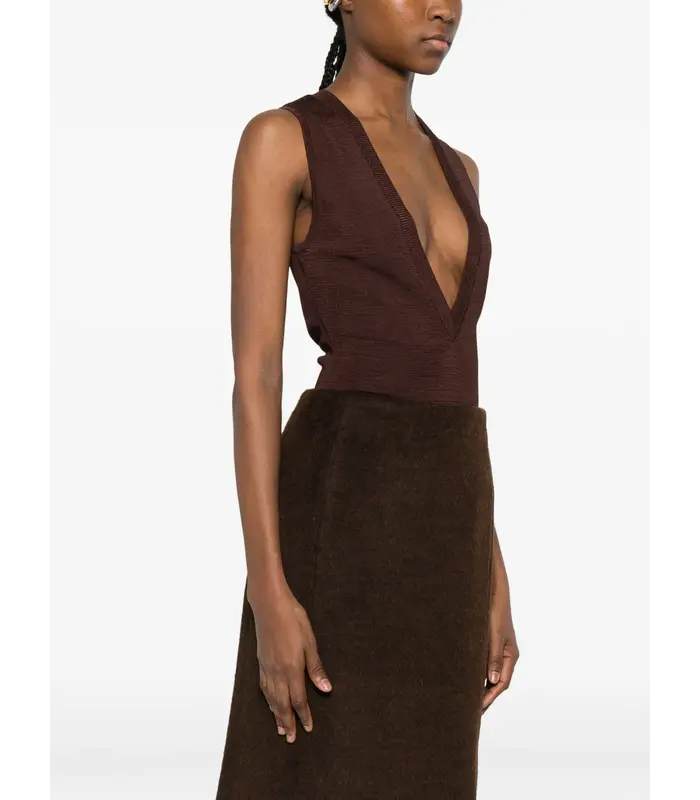DEEP V NECK BODYSUIT CHOCOLATE