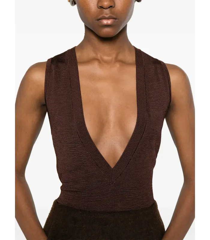 DEEP V NECK BODYSUIT CHOCOLATE
