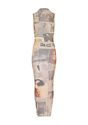 JEAN-PAUL GAULTIER mesh high neck open back long dress printed journal ecru/lightgrey/red