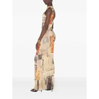 MESH HIGH NECK OPEN BACK LONG DRESS PRINTED JOURNAL ECRU/LIGHTGREY/RED