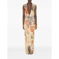 MESH HIGH NECK OPEN BACK LONG DRESS PRINTED JOURNAL ECRU/LIGHTGREY/RED