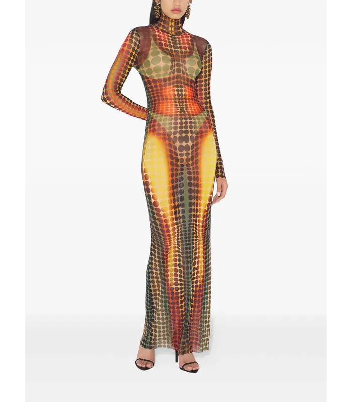 RE-EDITION LONG DRESS HIGH NECK WITH LONG SLEEVES ORANGE/BLUE/BROWN