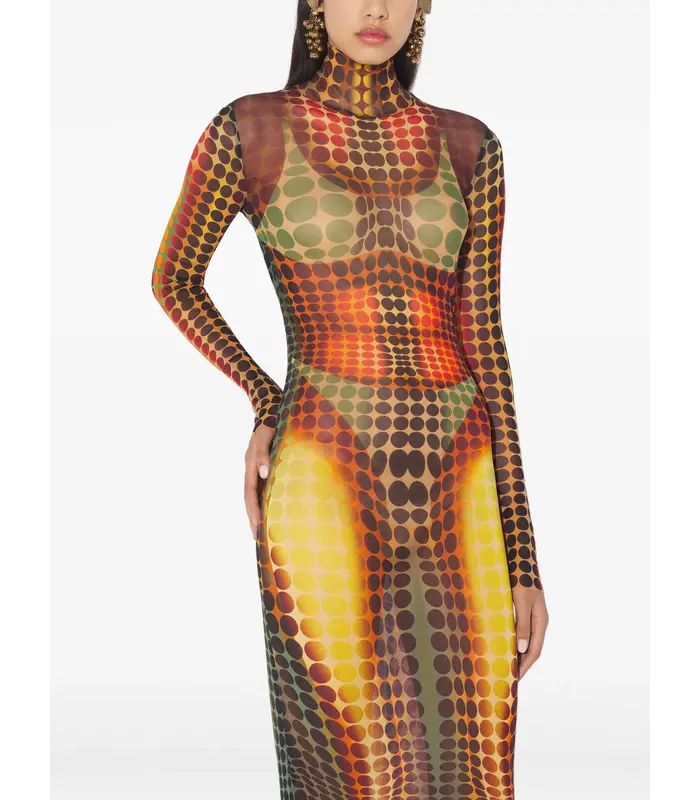 RE-EDITION LONG DRESS HIGH NECK WITH LONG SLEEVES ORANGE/BLUE/BROWN