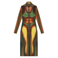 RE-EDITION LONG DRESS HIGH NECK WITH LONG SLEEVES AND CENTER FRONT ZIP CLOSING ORANGE/BLUE/BROWN