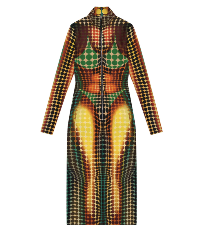 RE-EDITION LONG DRESS HIGH NECK WITH LONG SLEEVES AND CENTER FRONT ZIP CLOSING ORANGE/BLUE/BROWN