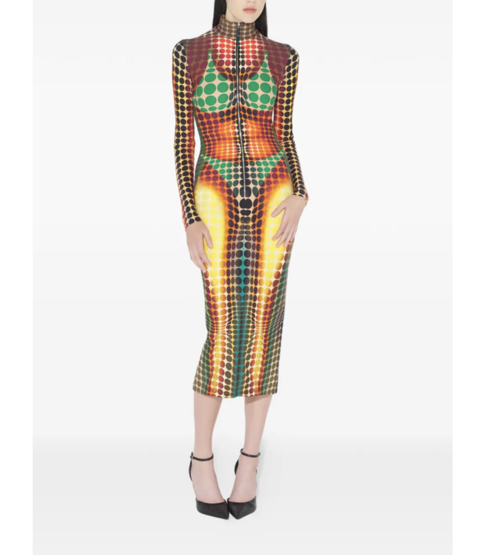 RE-EDITION LONG DRESS HIGH NECK WITH LONG SLEEVES AND CENTER FRONT ZIP CLOSING ORANGE/BLUE/BROWN